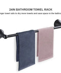Matte Black Bathroom Accessories Set Kit With 2 24 Inch Towel Bars hanging towels against white background