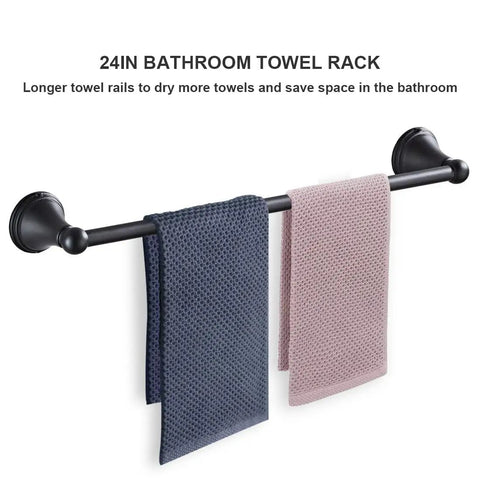 Matte Black Bathroom Accessories Set Kit With 2 24 Inch Towel Bars hanging towels against white background