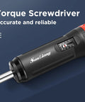 Close-up of Torque Screwdriver Set 10 To 70 Inch Pounds With 10 Bits For Maintenance, black handle and red grip