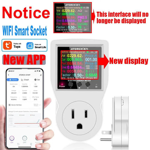 WiFi Watt Meter With Plug In US Socket Real Time Electricity Usage And Bill Stats Temperature Control Backlit 2.4 Inch Color Display Overload Protection Voltage And Current Tester Energy Monitor Timer Tuya Smart Life App Compatible, front view