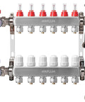 Front view of 6-Branch Radiant Heat Manifold for Hydronic Floor Heating Stainless Steel PEX Manifold With Compatible Outlets and 1/2-Inch Adapters Included