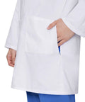 Close-up of Go-To White Lab Coat For Men Button Front Long Sleeve Doctor Coat With Three Pockets Breathable 65/35 Polyester Cotton