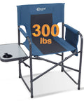 Directors Chair For Outdoors With Side Table Foldable Camping Chair For Adults Lightweight Heavy Duty Outdoor Seat Ideal For Beach And Travel Ready To Roll Supports Up To 300 Lbs In Blue Grey, showing side table and steel frame