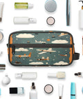 Must Have Airplane Cosmetic Bag For Women with cartoon aircraft design, surrounded by cosmetics, showing waterproof travel toiletry kit