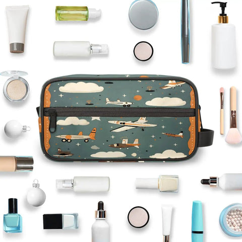 Must Have Airplane Cosmetic Bag For Women with cartoon aircraft design, surrounded by cosmetics, showing waterproof travel toiletry kit