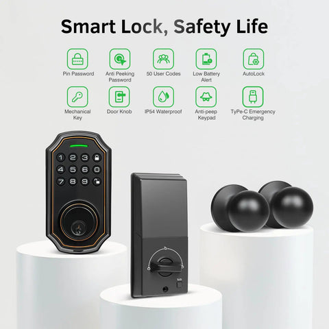 No Sweat Smart Keyless Entry Door Lock With Dual Knobs And Front Door Handle Featuring Electronic Digital Keypad Deadbolt Auto Lock 50 User Codes Voice Prompts Tight Security For Home Or Apartment Clean Satin Nickel