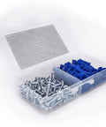 Box of Blue Bantam Plastic Conical Drywall Wall Anchor Kit With Screws And Drill Bit 201 Piece Set showing anchors and screws
