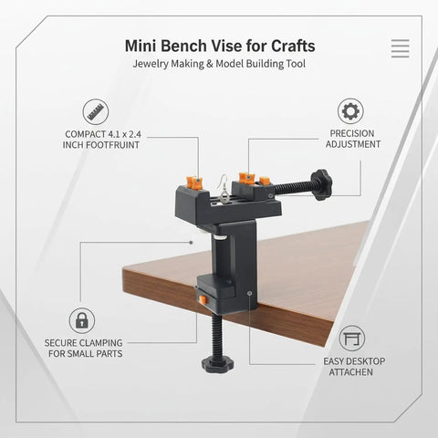 Compact Mini Bench Vise Perfect For Jewelry Making And Model Building, Durable PP Plastic Desktop Clamp holds parts steady for precise work.