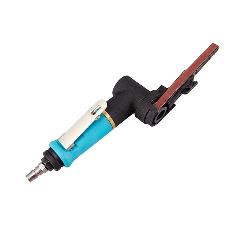 Pneumatic Air Belt Sander With One Quarter Inch Inlet And Three Eighths Inch By Thirteen Inch Belts Includes Twelve Belts in use on metal