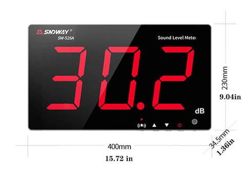 30 to 130 dB Sound Level Meter With 18 Inch LCD Display Wall Mount Alarm Noise Detector showing 30.2 dB reading