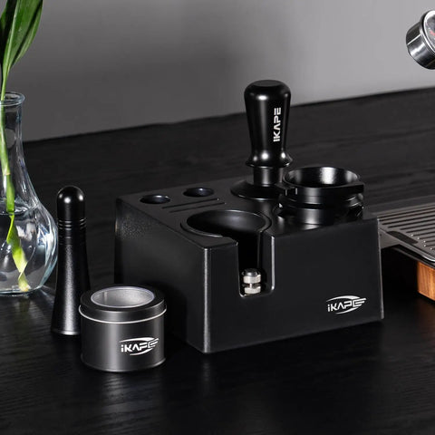 Top Shelf Espresso Barista Gear Featuring 54 Mm Stainless Steel Tamper Fits Breville Portafilters Includes Precision Wdt Needles Sleek Dosing Funnel And Two Hundred Premium Paper Filters To Nail That Perfect Morning Pull - Black tamper holder set with multiple pieces.