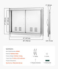Outdoor Kitchen Access Door 30W X 21H Inches In 304 Stainless Steel Double Doors With Vents BBQ Island Door With Detachable Handles And Six Hooks Heavy Duty Grill Cabinet Door For Outdoor Kitchens front and side dimensions and specifications