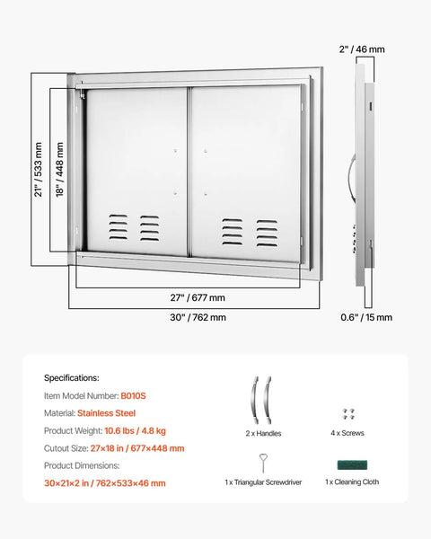 Outdoor Kitchen Access Door 30W X 21H Inches In 304 Stainless Steel Double Doors With Vents BBQ Island Door With Detachable Handles And Six Hooks Heavy Duty Grill Cabinet Door For Outdoor Kitchens front and side dimensions and specifications