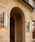 Dope Modern Cylinder Outdoor Wall Light Stainless Steel Porch Sconce With Nickel Finish, mounted on stone wall