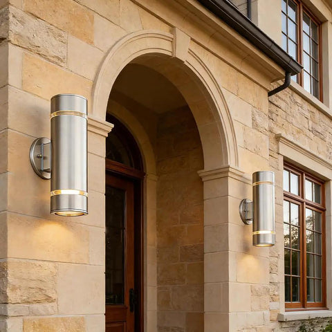 Dope Modern Cylinder Outdoor Wall Light Stainless Steel Porch Sconce With Nickel Finish, mounted on stone wall