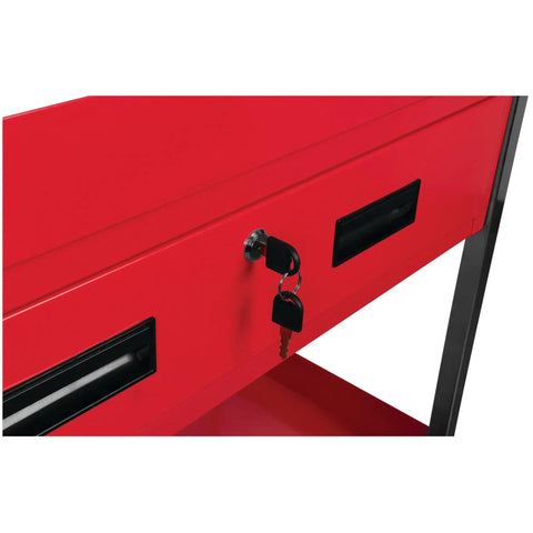 Close-up of lockable drawer with key on Two Shelf Utility Cart With Locking Drawer Heavy Duty 16 Gauge Steel Mobile Storage Cart