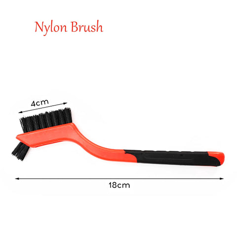 Red plastic handle brush from Three Piece Nylon Cleaning Brush Set For Rust Removal In Holes And Tight Spaces Durable Plastic Handles