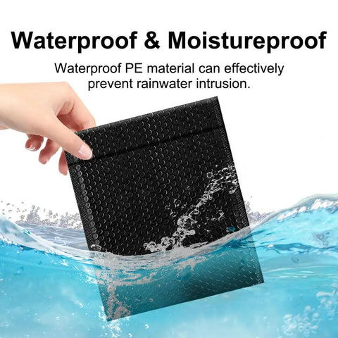 Hand holding waterproof Padded Bubble Mailers 5 By 8.6 Inches, 50 Pack Self Seal Envelopes, black poly exterior submerged in water.