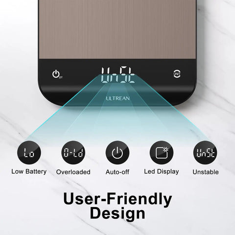 Dope Sleek Stainless Kitchen Scale With LED Display showing its user-friendly design features on a white background.
