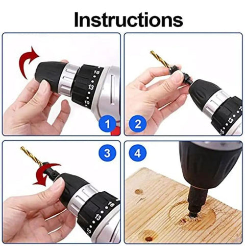 Instructions for using the Five Piece Countersink Drill Bit Set For US Wood Screws Includes Size 5, 6, 8, 10, 12.