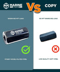 Marine Tech Tools prop shaft and bearing housing remover tool; two variants shown: engraved nickel-plated steel vs unengraved soft steel.