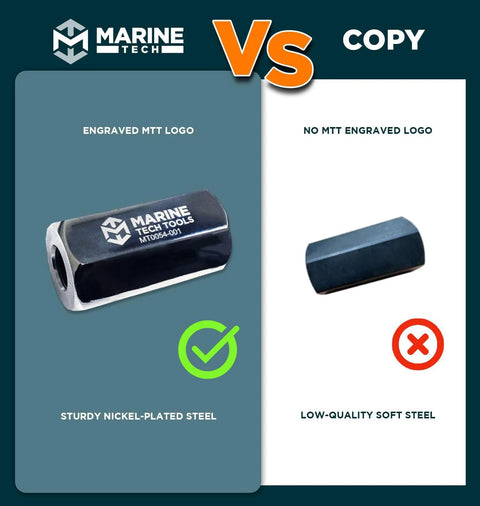 Marine Tech Tools prop shaft and bearing housing remover tool; two variants shown: engraved nickel-plated steel vs unengraved soft steel.