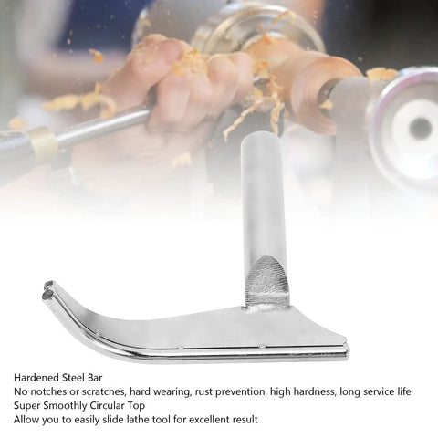 Curved lathe tool rest in hardened steel with vertical mounting post, front view
