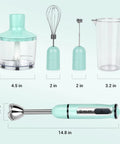 All-In-One 5-In-1 Immersion Hand Blender With 500W Power And Quick-Connect Attachments 860ml Food Chopper 600ml Beaker Milk Frother Egg Whisk 8 Speeds For Purees Smoothies Soups And Infant Meals displayed with size dimensions.