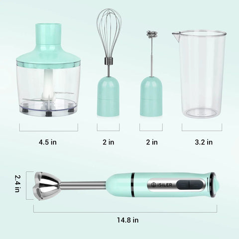 All-In-One 5-In-1 Immersion Hand Blender With 500W Power And Quick-Connect Attachments 860ml Food Chopper 600ml Beaker Milk Frother Egg Whisk 8 Speeds For Purees Smoothies Soups And Infant Meals displayed with size dimensions.