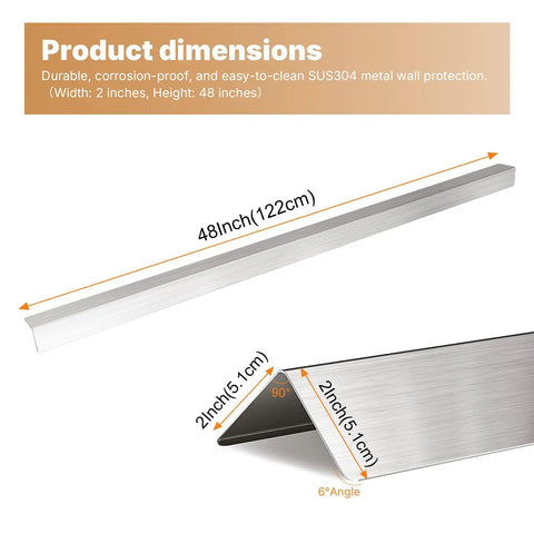 Heavy Duty 304 Stainless Steel Wall Corner Guards 10 Pack 2X2X48 Inch 90 Degree rounded corner protectors, details showing dimensions.