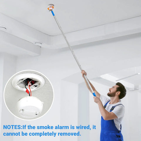 Say No To Wobbly Ladders With This Smart Smoke Detector Removal Tool Featuring An Adjustable Reach Pole Stretching Up To 10 Feet For Easy Ceiling Disassembly And Hassle Free Maintenance. A user extends the pole to remove a smoke alarm.