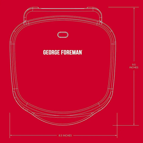 Compact Space Saver Two Serving Grill And Panini Press dimensions illustration, 8.5 x 9.5 inches, red background.
