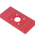Built Tough Aluminum Router Table Insert Plate with red anodized surface, features measuring scale and mounting holes for woodworking.