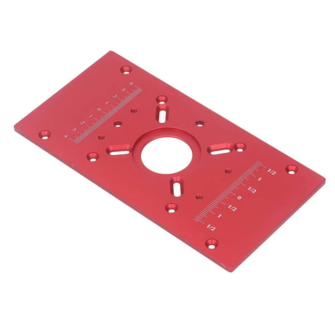 Built Tough Aluminum Router Table Insert Plate with red anodized surface, features measuring scale and mounting holes for woodworking.
