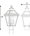 Burlington Two Light Outdoor Post Lantern in Graphite and Antique Bronze Finish with dimensions shown in technical drawing.