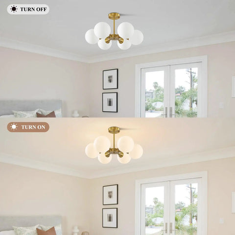 Brushed Gold Sputnik Flush Mount Ceiling Light With Six Milk Glass Globes shown on and off in a cozy living room setting