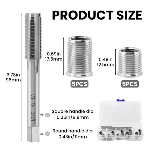 Spark Plug Thread Repair Kit Stainless Steel Rethread Set for M10x1.0 and M12x1.0 Threads Includes 10 Inserts and 1 Tap