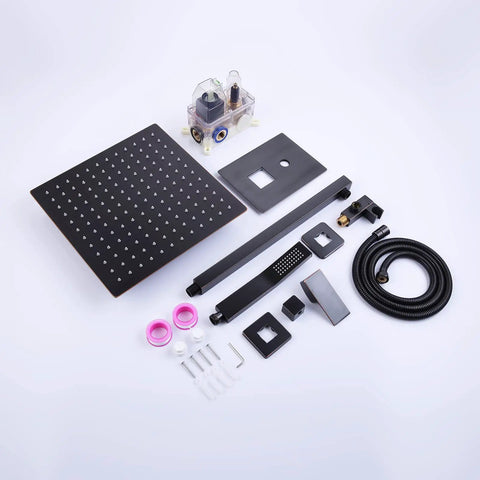 Wall Mounted Shower System With 12 Inch Rainfall Head And Handheld Combo, Oil Rubbed Bronze Finish, components laid out