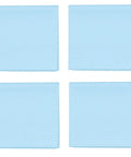 Four light-blue microfiber cleaning cloths, 11.5 x 11.5 in, lint-free, non-scratch; top-down view.