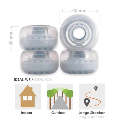 Outdoor Roller Skate Wheels Light Blue 4 Pack 38mm X 62mm 80A Durable Urethane For Park Ramps Street Bowls And All Outdoor Skating Sessions Built For Rough Pavement And Concrete Parks With A Bright Light Blue Look And Long Lasting Grip, shown stacked with dimensions.