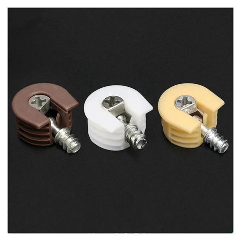 Colored Heavy Duty Cam Lock Pins Set 40-Piece Concealed Cabinet Connectors, zinc alloy, three pins on black background.