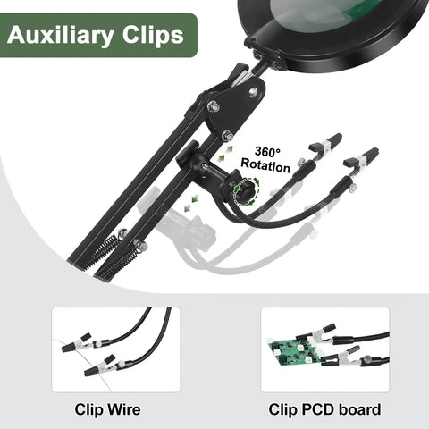 3 In 1 Magnifying Desk Lamp With Light Heavy Duty Base And Clamp 5X LED Magnifier For Soldering with auxiliary clips