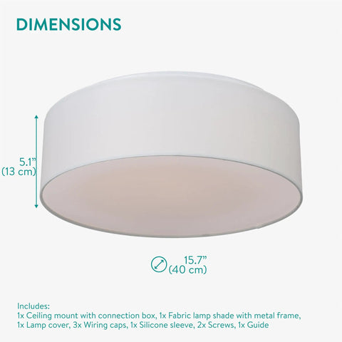 Flush Mount Ceiling Light With Fabric Drum Shade, 15.75 Inch Diameter, 22W LED, Warm White 3000K, Cozy Vibe For Bedroom Living Room Kitchen Hallway, Soft Diffused Glow, Modern Home Upgrade