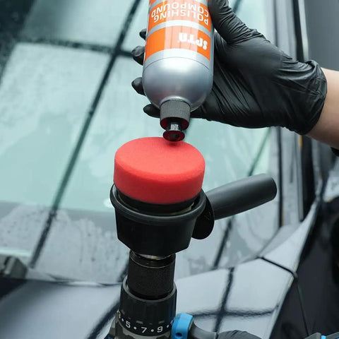 Forced Dual Action Polisher Adapter Kit With Three Polishing Pads For Cordless Drill applying compound on red pad near car