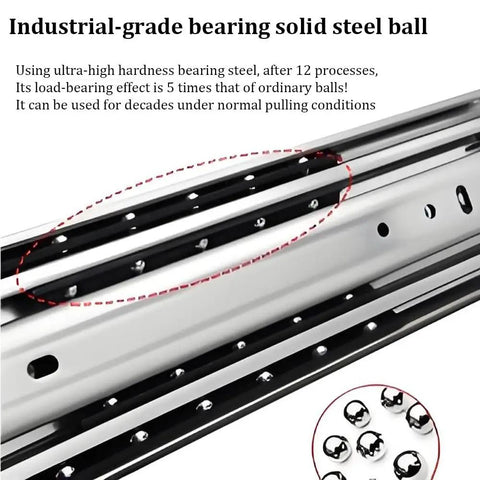 Close-up of industrial-grade ball bearings in Beefy Heavy Duty Drawer Slides 500lb Capacity With 3 Fold Ball Bearing Rails Full Extension