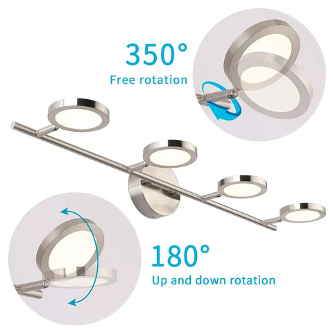 LED Bathroom Vanity Light Fixture With 4 Adjustable Swing Arm Heads 20W 4000K Daylight Nickel Finish, showing rotation angles.