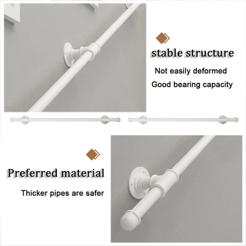 No Sweat Install White Wrought Iron Handrail And Banister Bracket Kit 14 Foot Support Rod mounted on a wall.