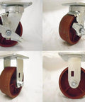 Hella Tough 5 Inch Ductile Steel Caster Wheel Set Packs Two Reliable Locking Swivel Casters with red wheel and metal plate