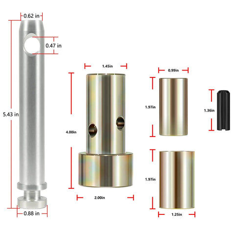 Four Pack Cat 1 Quick Hitch Adapter Bushing Kit With Top Link Pin And Lynch Pin For Category 1 3 Point Quick Hitch And Tractor Easy Install Heavy Duty Quick Hitch Accessories, silver steel bushings with measured sizes
