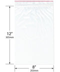 Red Line 8x12 Inch 2 Mil Zipper Reclosable Bags Pack Of 100 Clear Poly Storage Bags For Food Snacks Photos Documents Crafts And Organization Safe LDPE Durable clear 8x12in bag with red zip line, shown with size markings